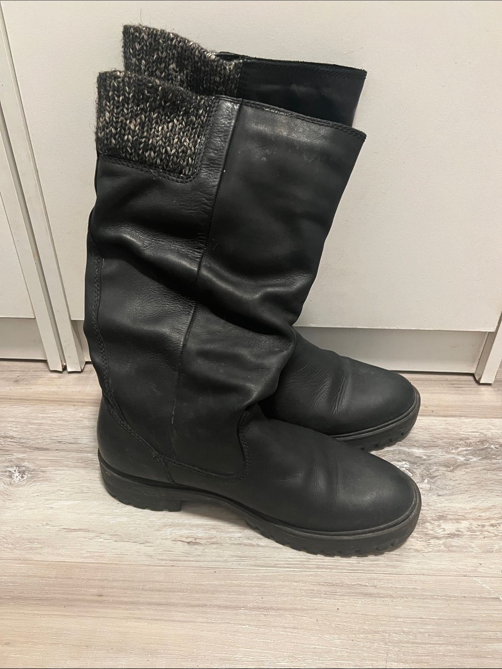 Cougar Black Leather Knee-High Boots with Knit Cuff